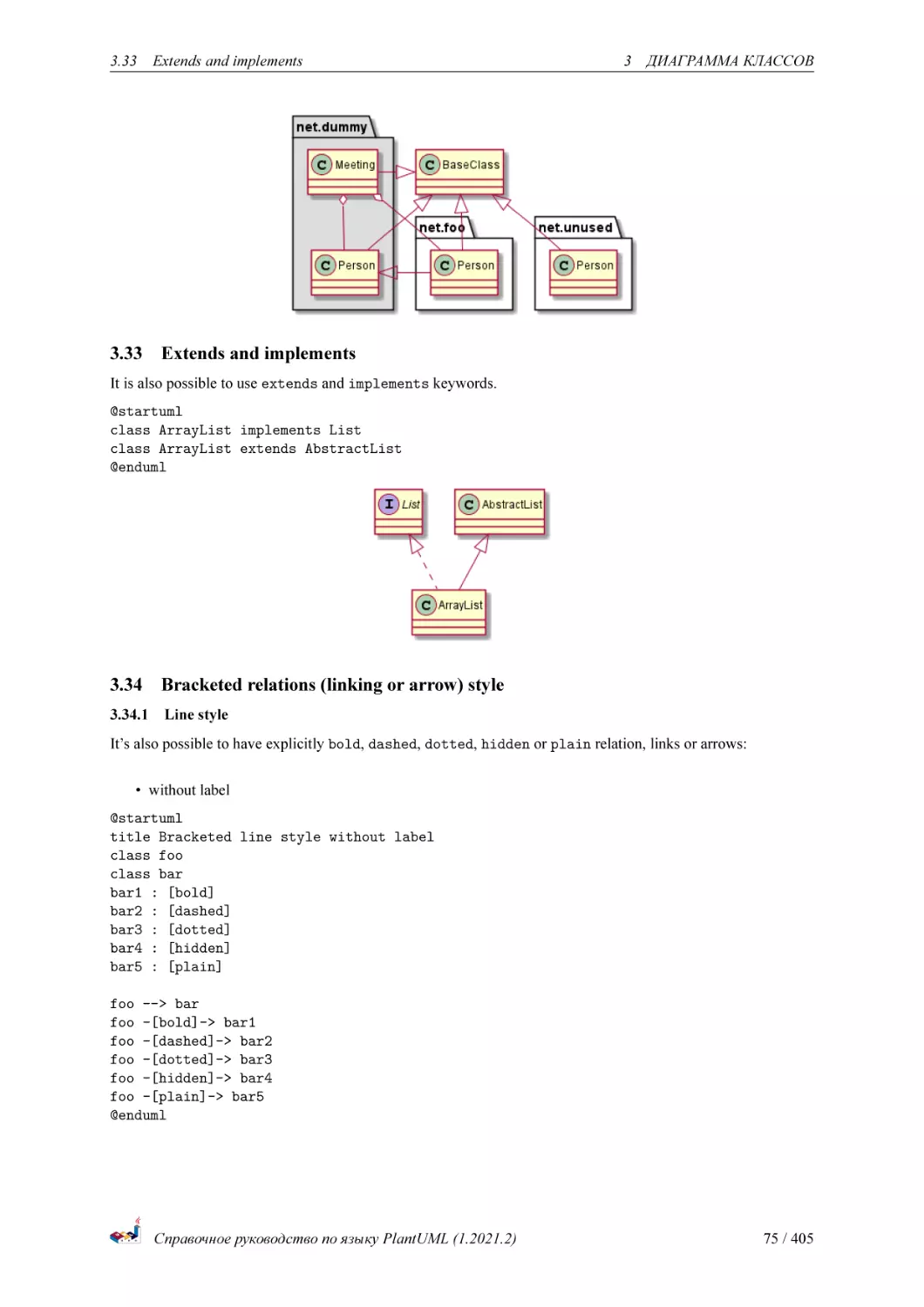 Extends and implements
Bracketed relations (linking or arrow) style
Line style