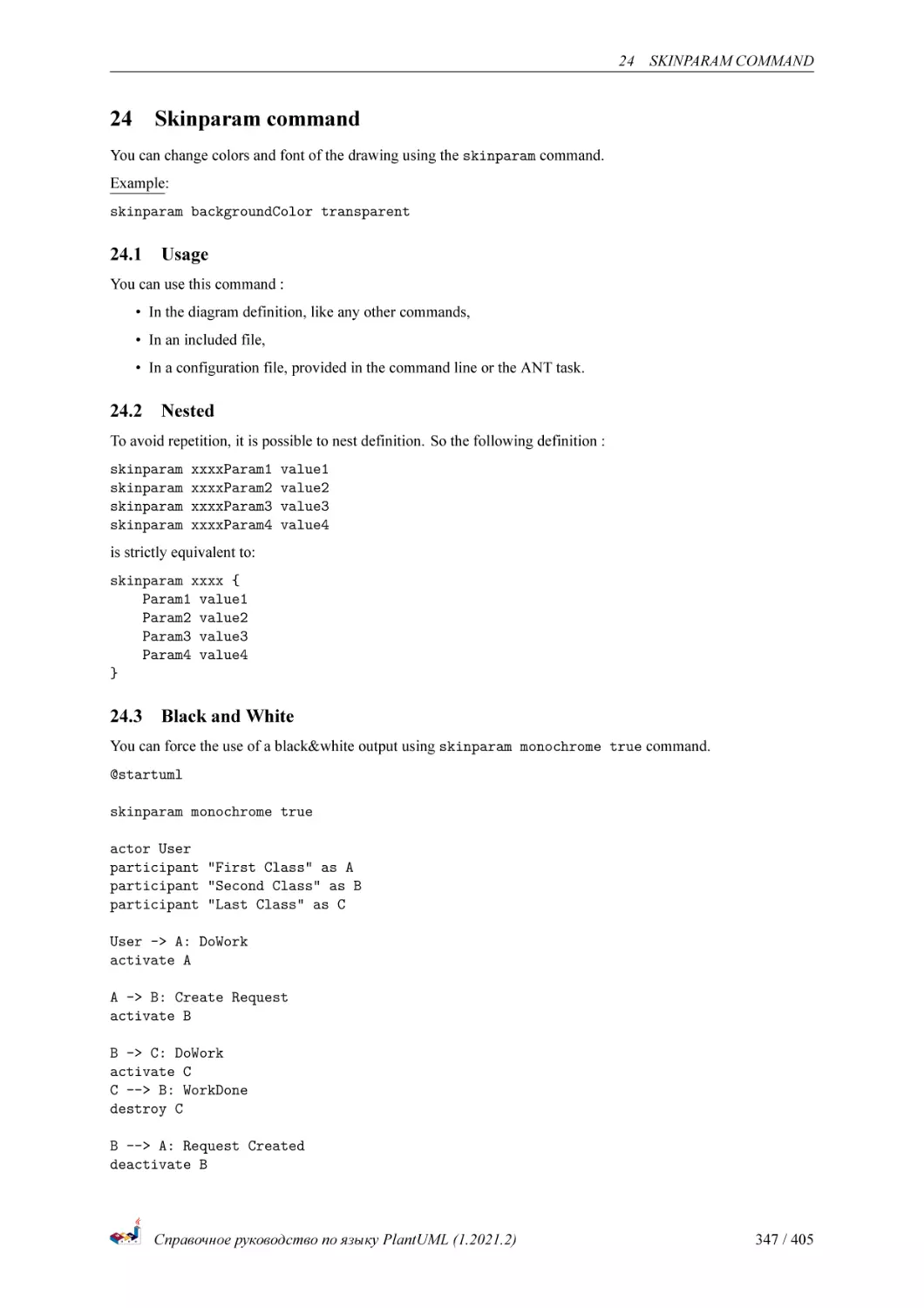 Skinparam command
Usage
Nested
Black and White