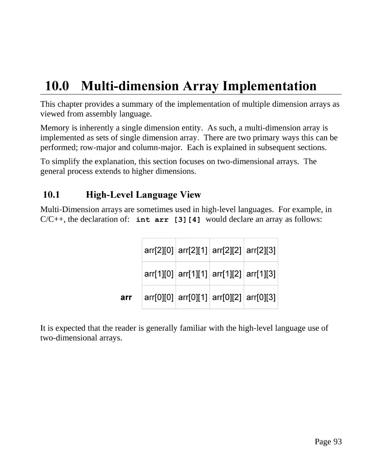 10.0 Multi-dimension Array Implementation
10.1 High-Level Language View
