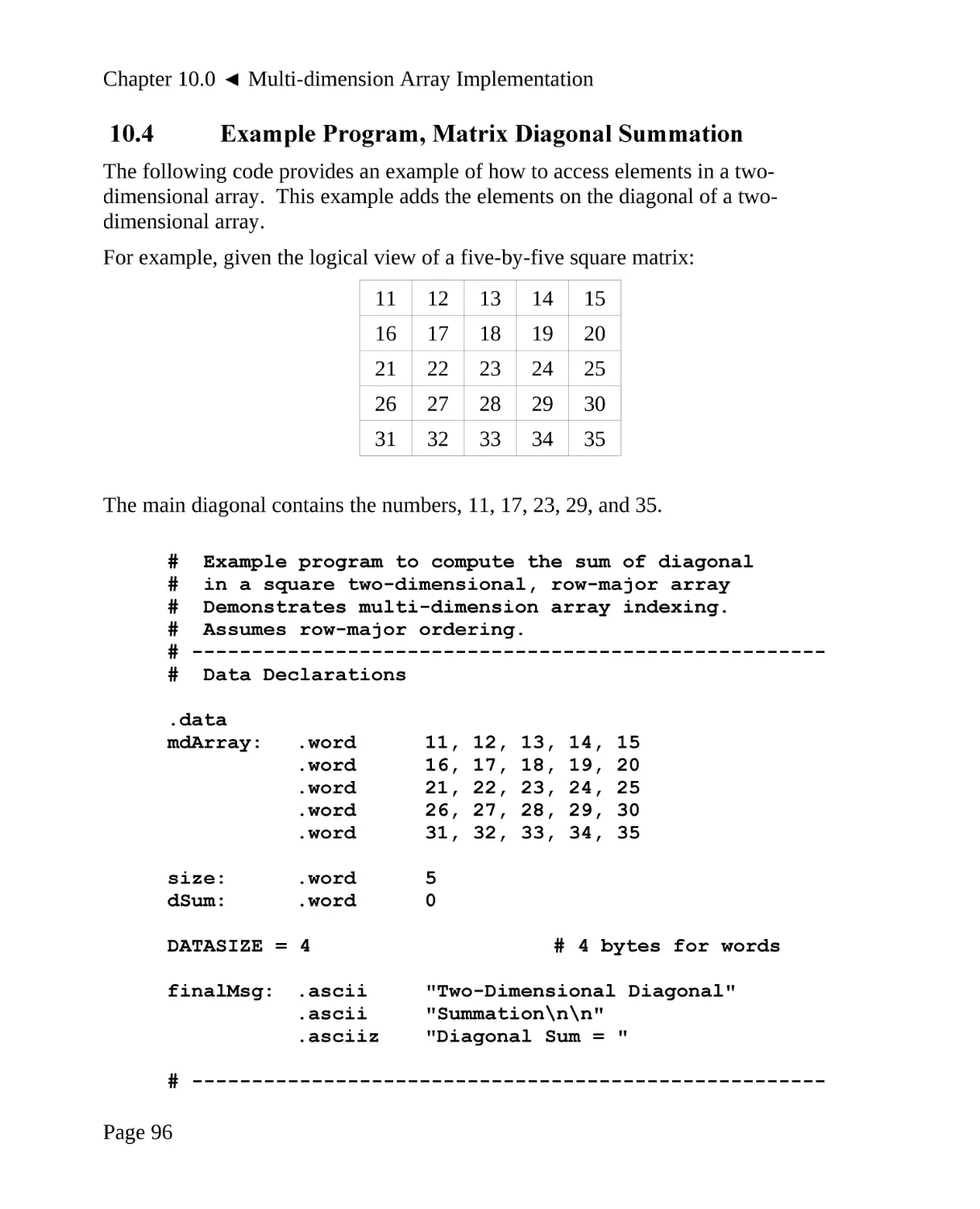10.4 Example Program, Matrix Diagonal Summation
