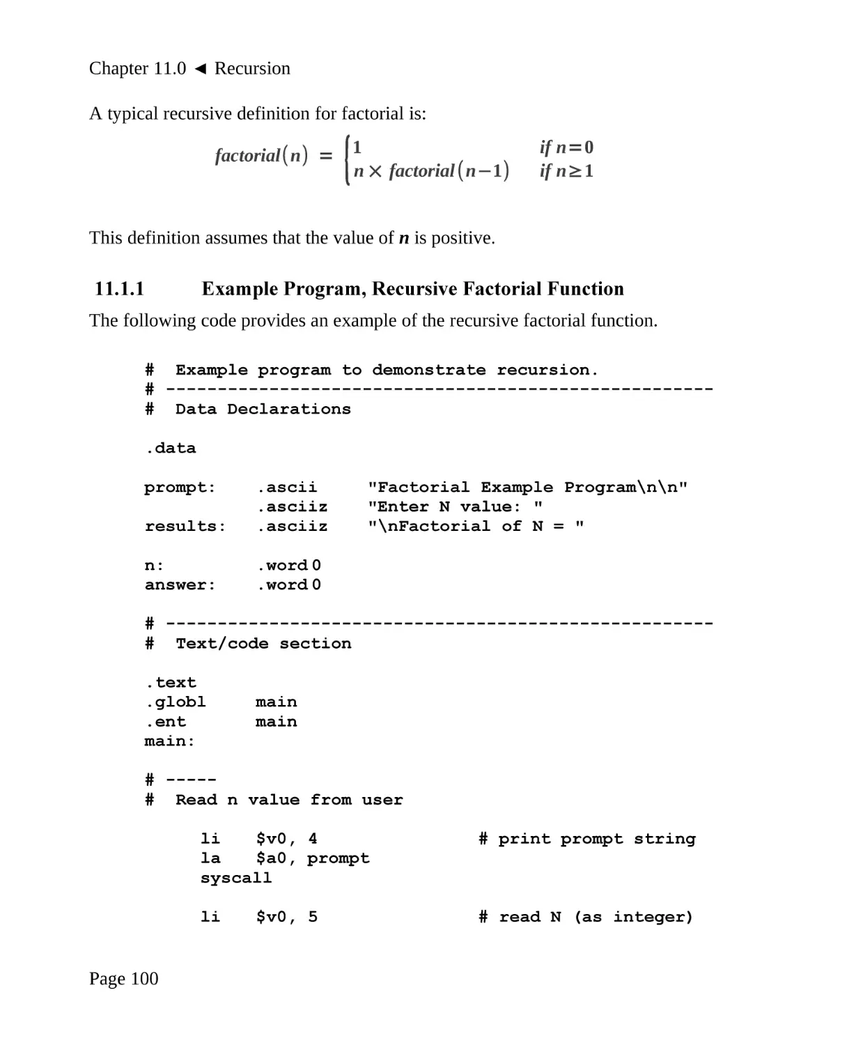 11.1.1 Example Program, Recursive Factorial Function