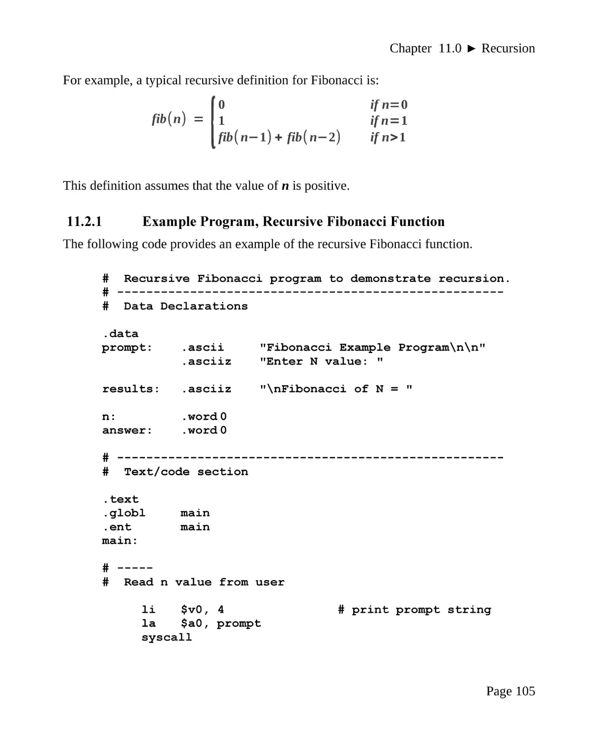 11.2.1 Example Program, Recursive Fibonacci Function
