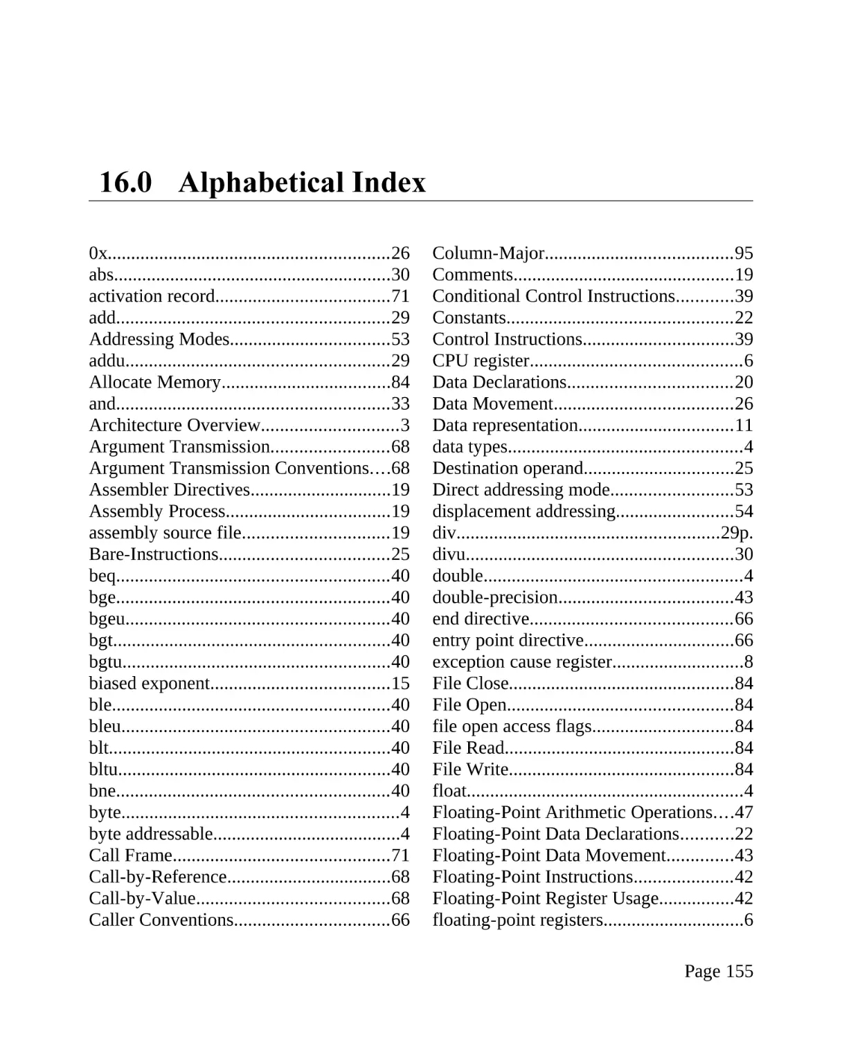 16.0 Alphabetical Index