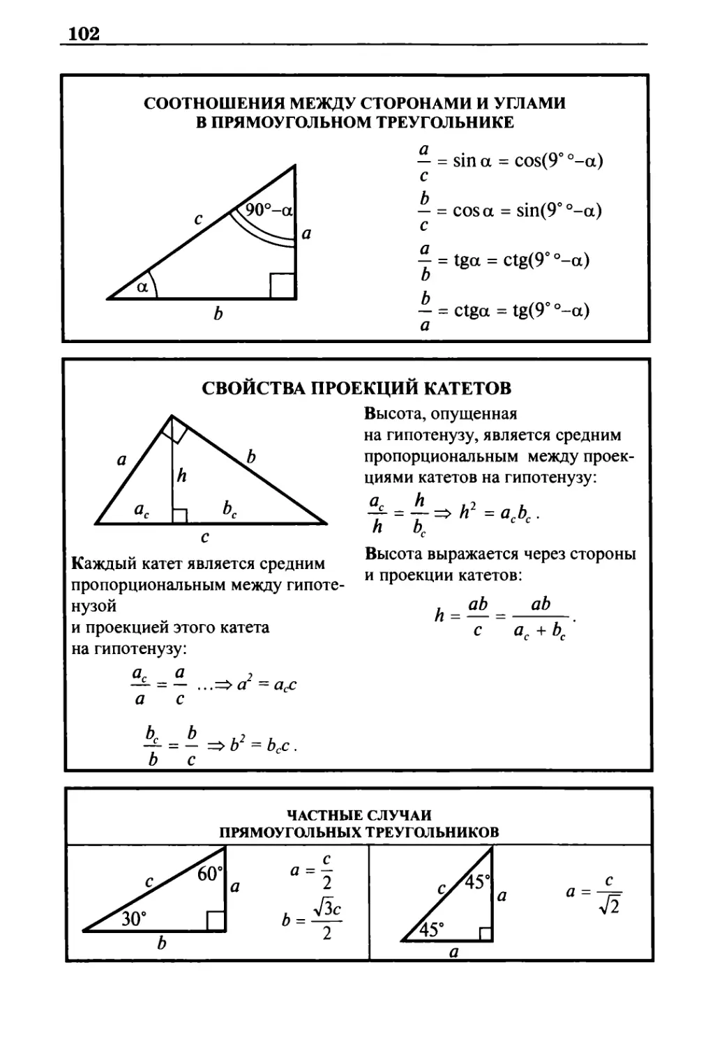 Соотношения между сторонами и углами в прямоугольном треугольнике
Свойства проекций катетов
Частные случаи прямоугольных треугольников