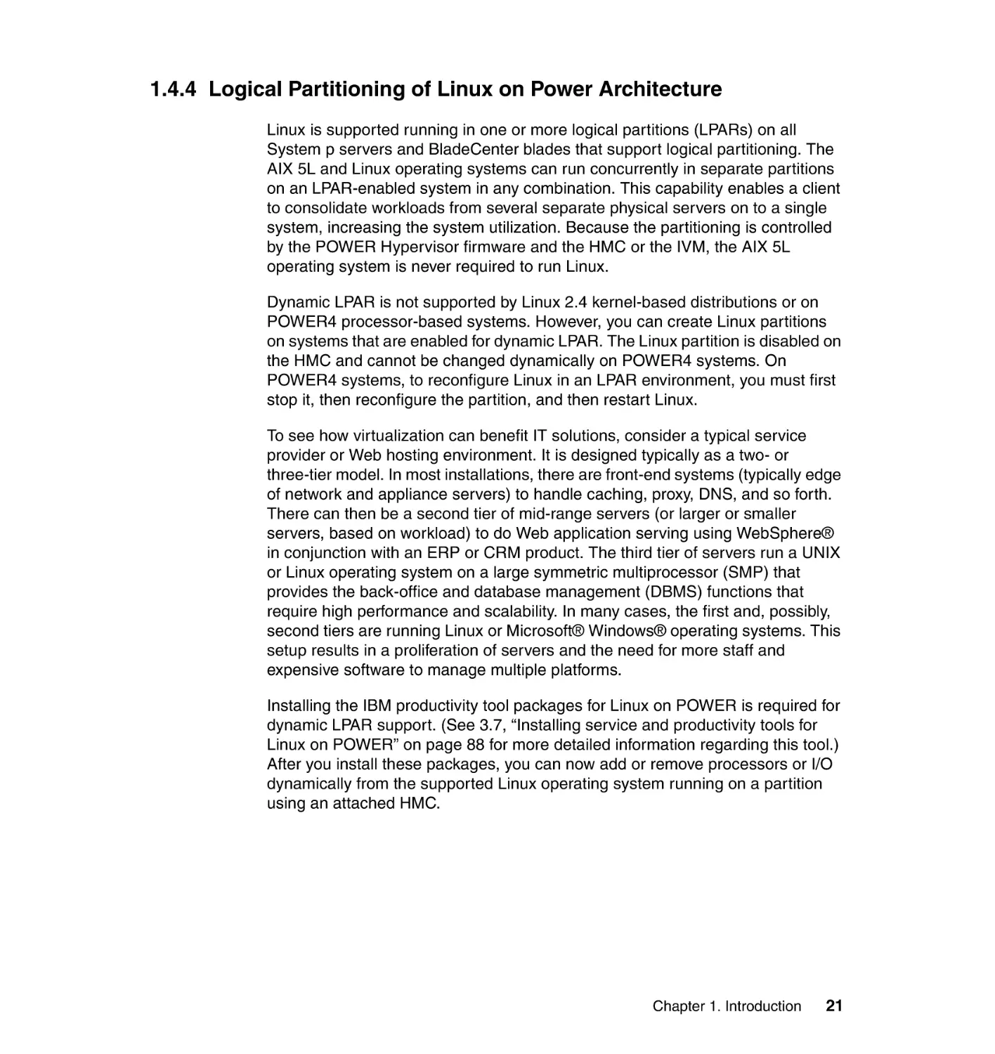 1.4.4 Logical Partitioning of Linux on Power Architecture