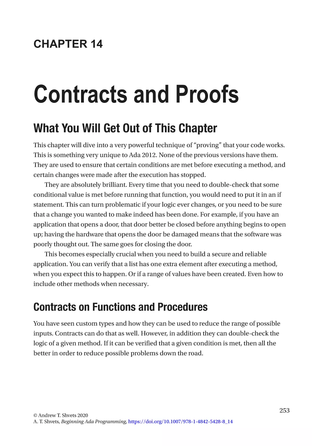 Chapter 14
What You Will Get Out of This Chapter
Contracts on Functions and Procedures