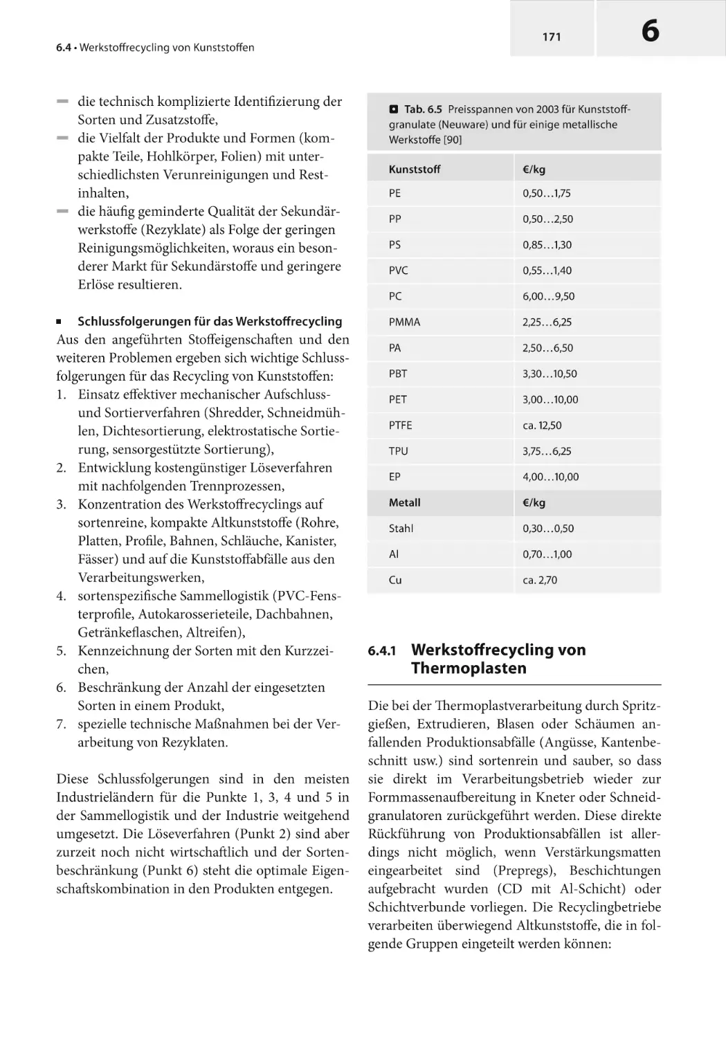 6.4.1 Werkstoffrecycling von Thermoplasten