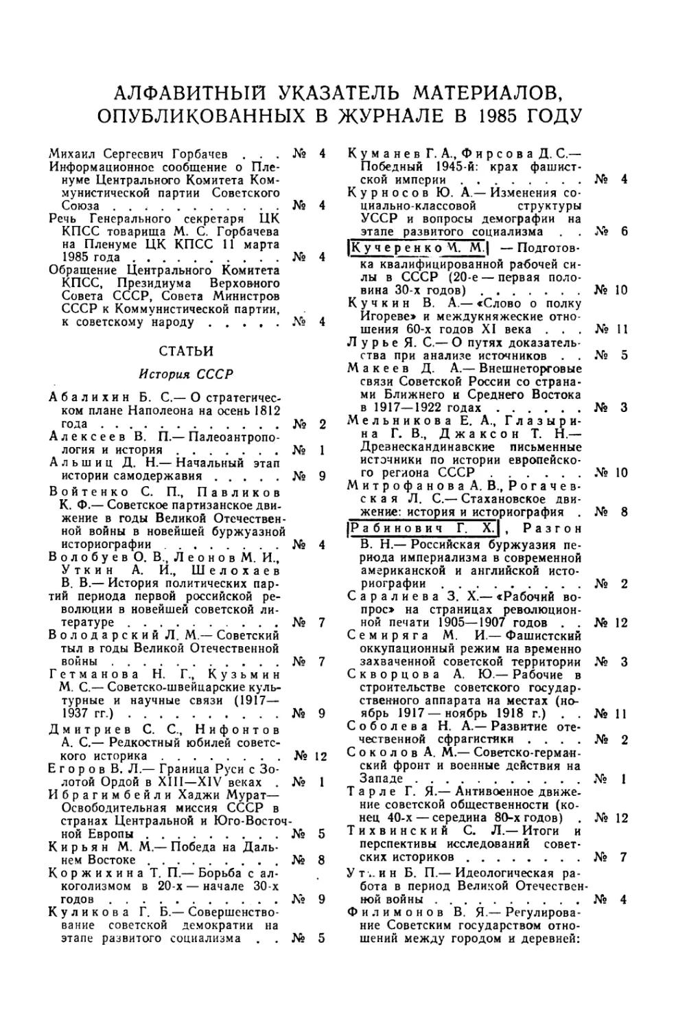 Алфавитный указатель материалов, опубликованных в журнале в 1985 году