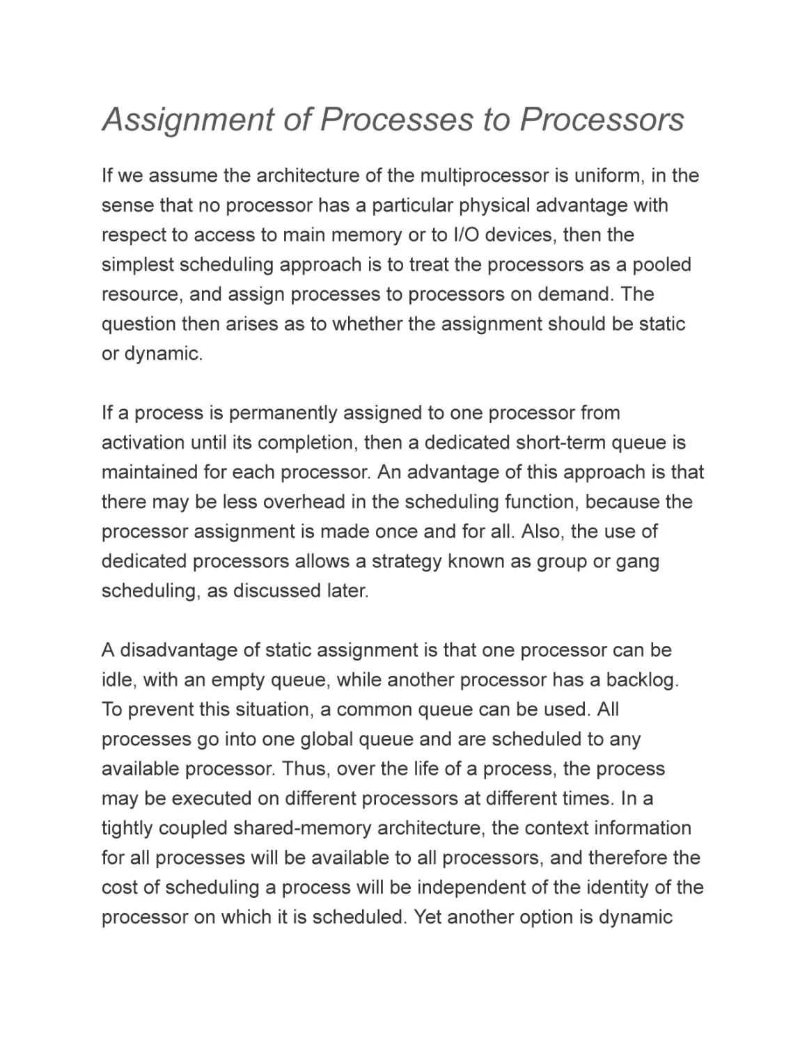 Assignment of Processes to Processors