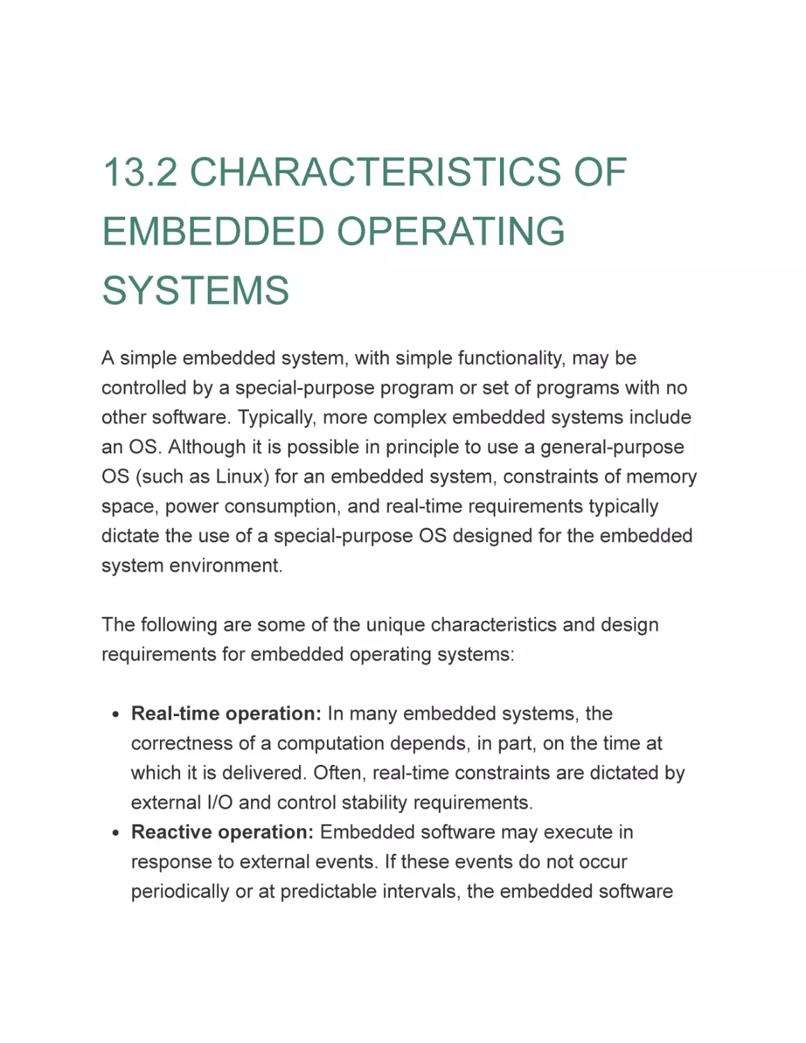 13.2 CHARACTERISTICS OF EMBEDDED OPERATING SYSTEMS