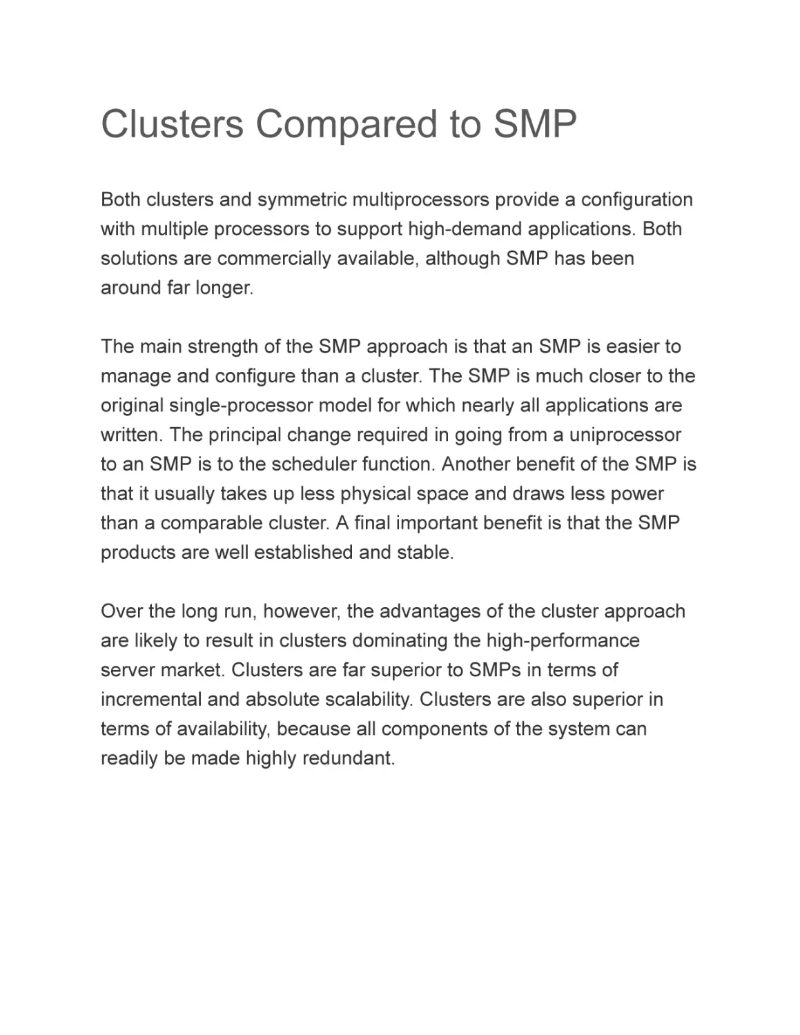 Clusters Compared to SMP