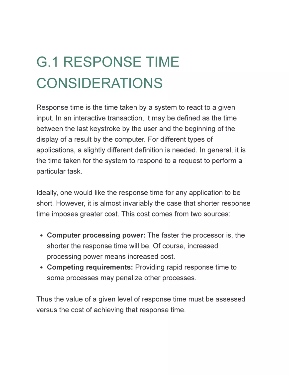 G.1 RESPONSE TIME CONSIDERATIONS