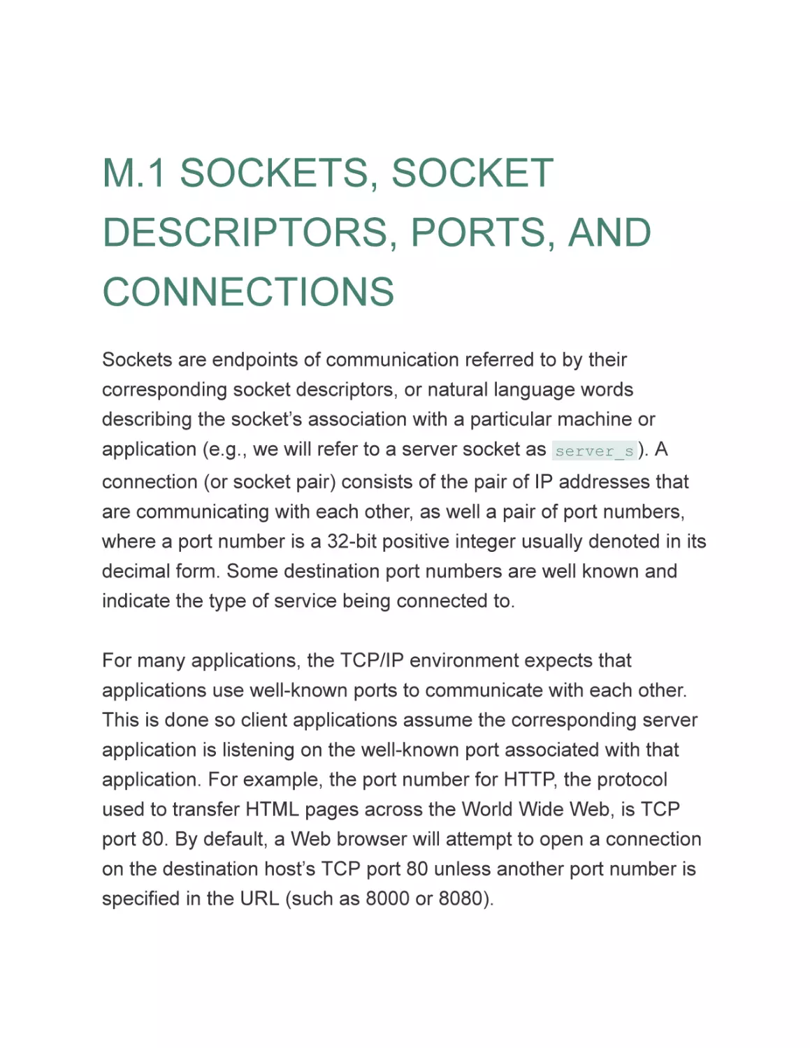 M.1 SOCKETS, SOCKET DESCRIPTORS, PORTS, AND CONNECTIONS