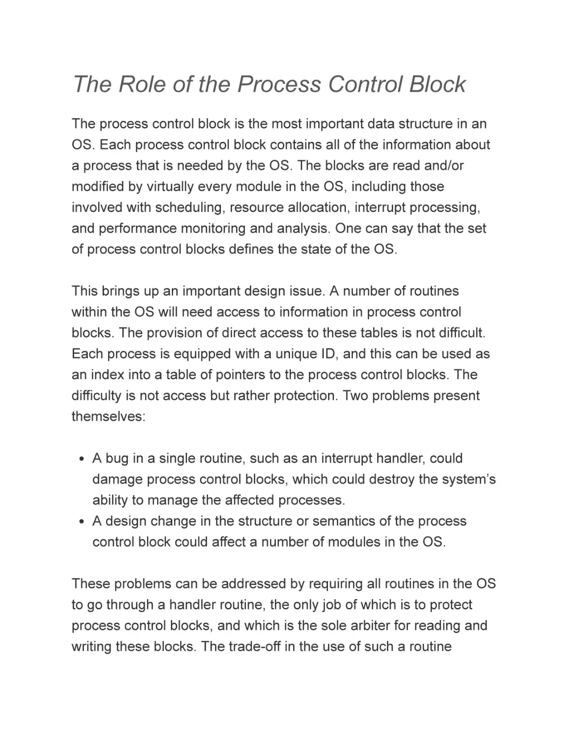 The Role of the Process Control Block
