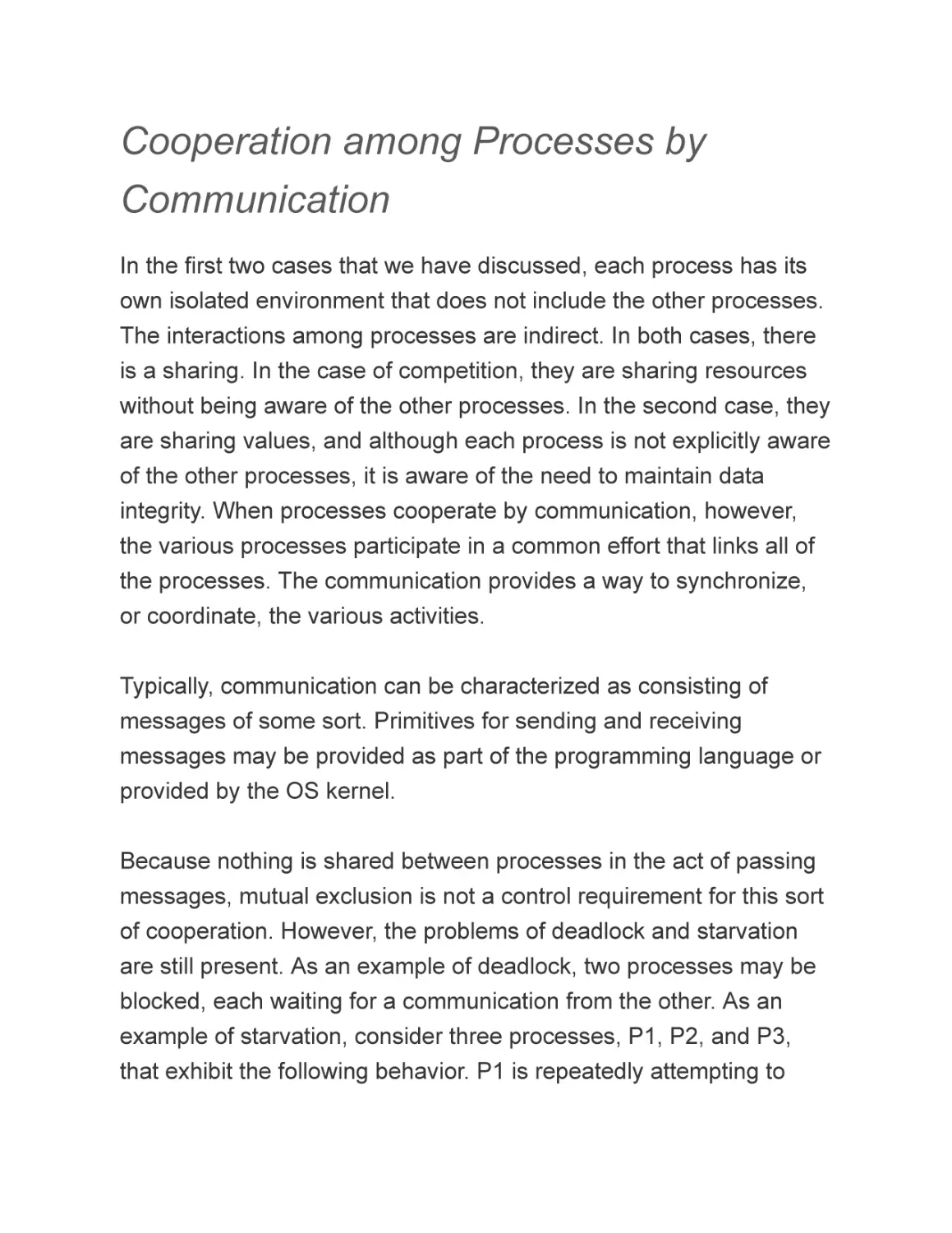 Cooperation among Processes by Communication