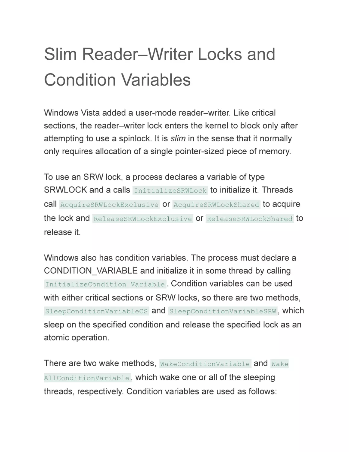 Slim Reader–Writer Locks and Condition Variables