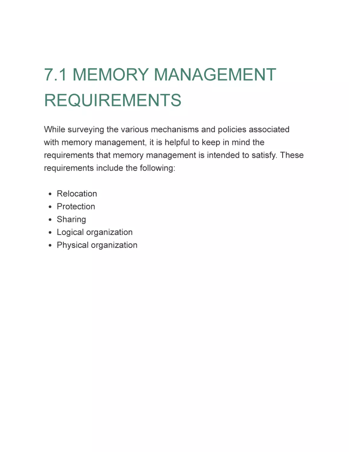 7.1 MEMORY MANAGEMENT REQUIREMENTS