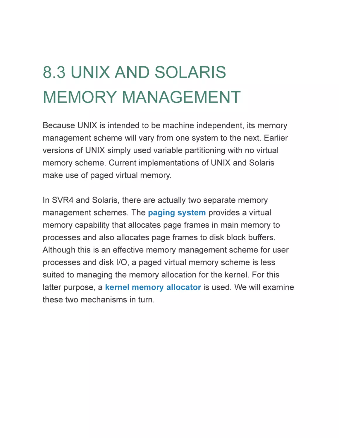 8.3 UNIX AND SOLARIS MEMORY MANAGEMENT