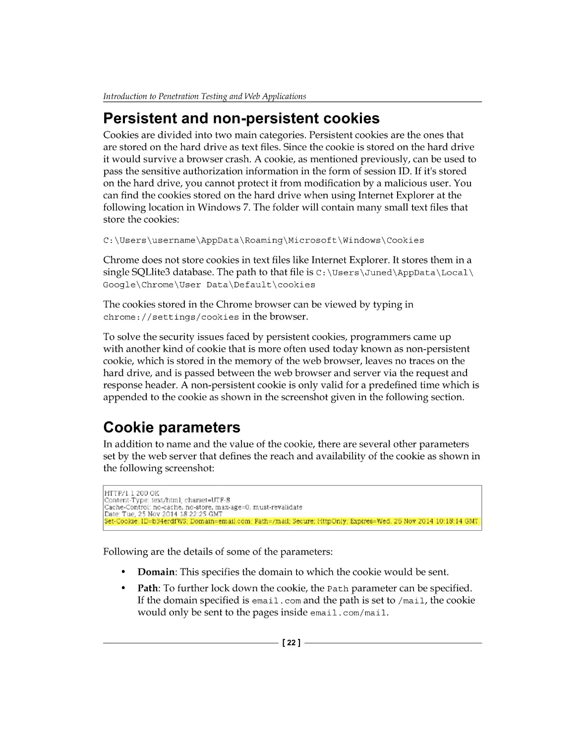 Persistent and non-persistent cookies
Cookie parameters