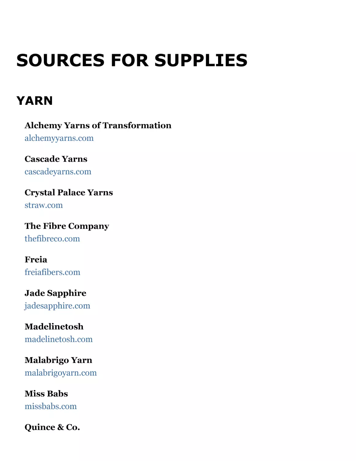 Sources for Supplies