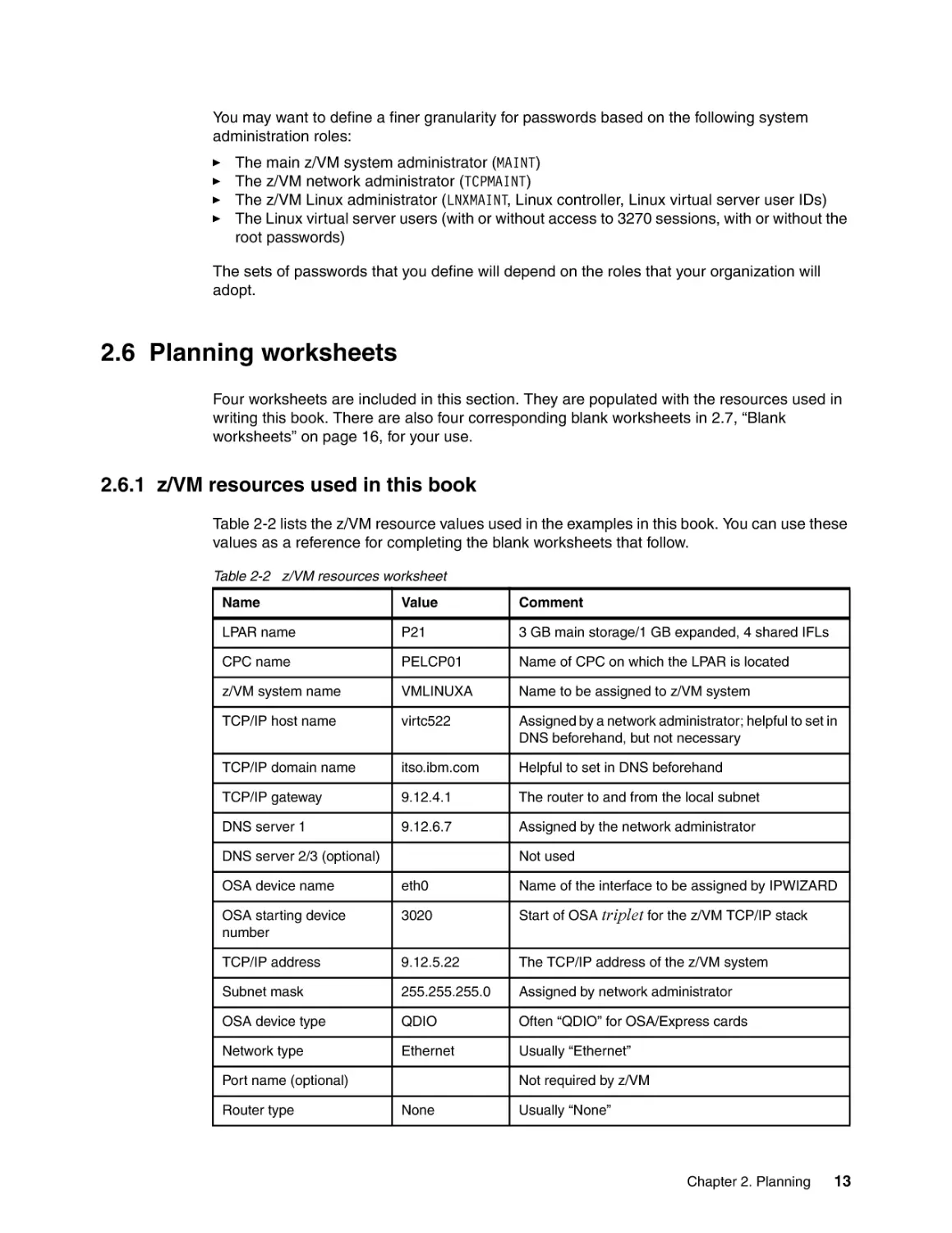 2.6 Planning worksheets
2.6.1 z/VM resources used in this book