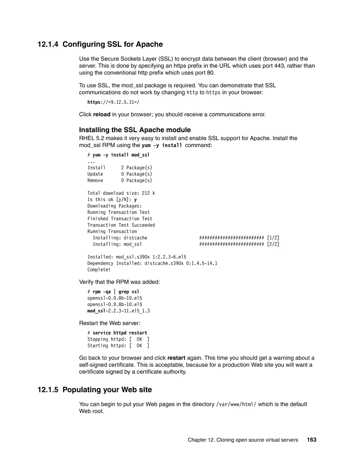 12.1.4 Configuring SSL for Apache
12.1.5 Populating your Web site