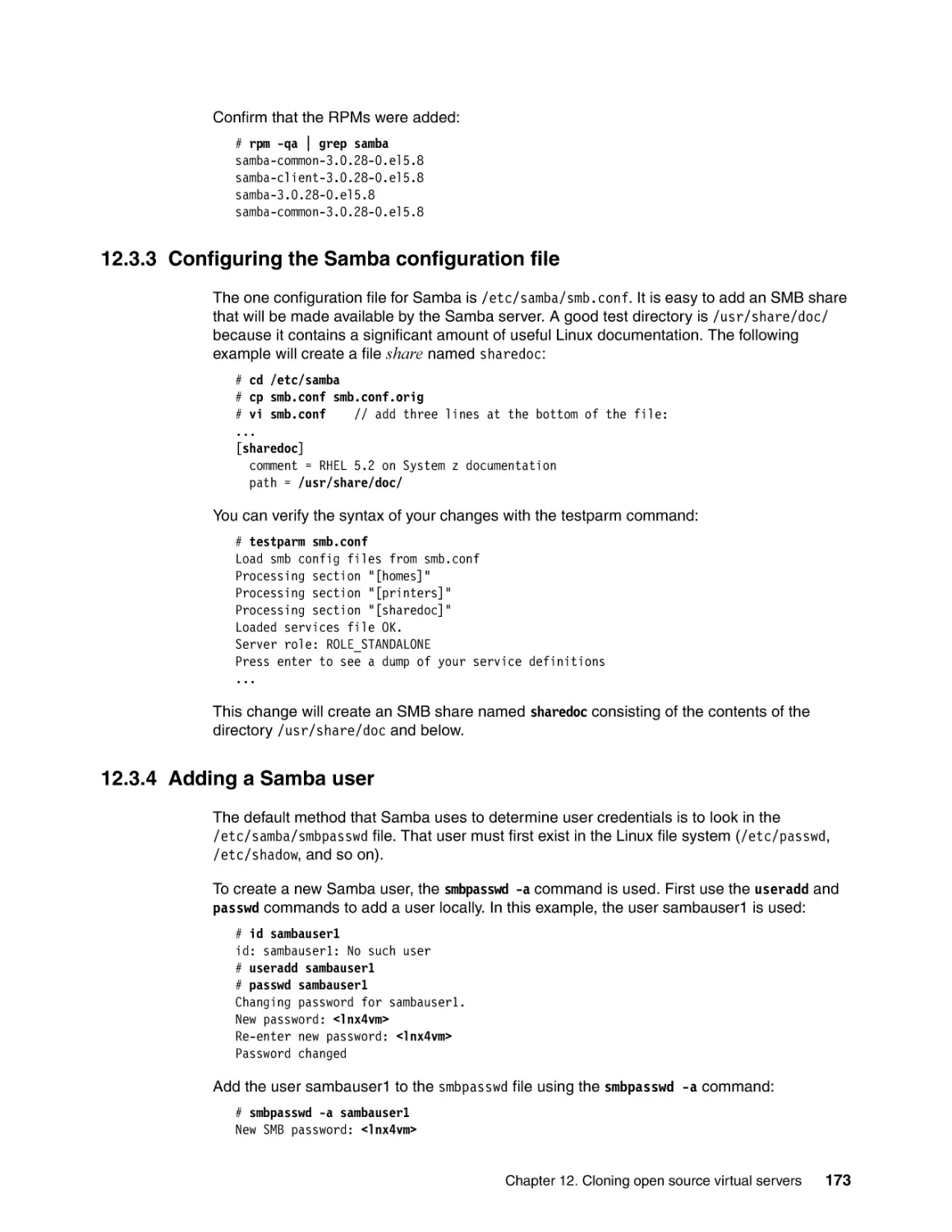 12.3.3 Configuring the Samba configuration file
12.3.4 Adding a Samba user