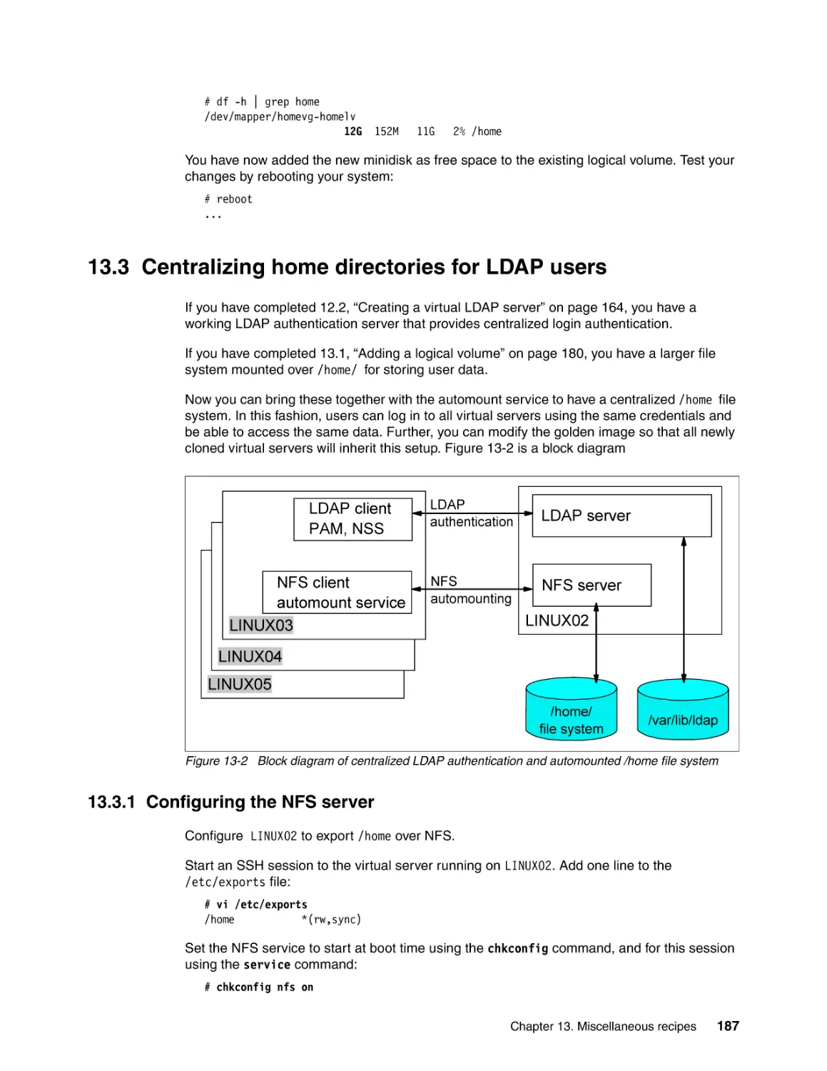 13.3 Centralizing home directories for LDAP users
13.3.1 Configuring the NFS server