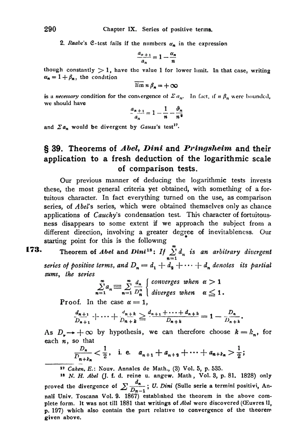 § 39. Theorems of Abel, Dini, and Pringsheim, and their application to a fresh deduction of the logarithmic scale of comparison tests