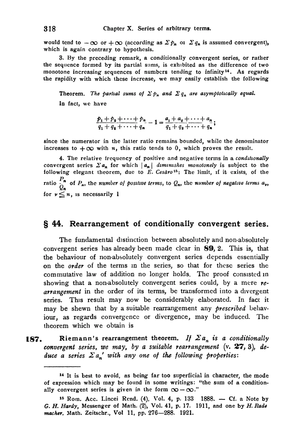 § 44. Rearrangement of conditionally convergent series