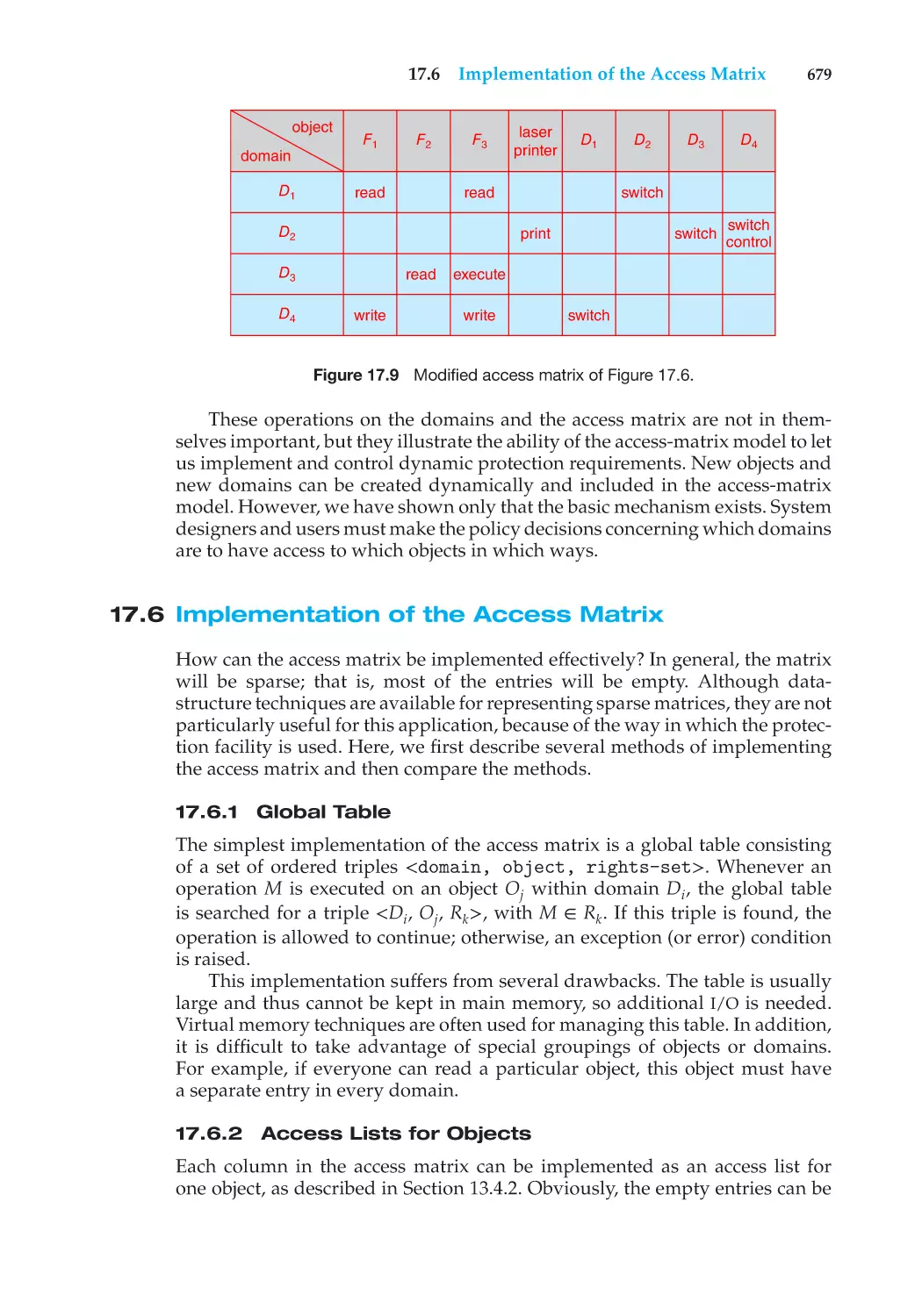 17.6 Implementation of the Access Matrix
17.6.1 Global Table
17.6.2 Access Lists for Objects