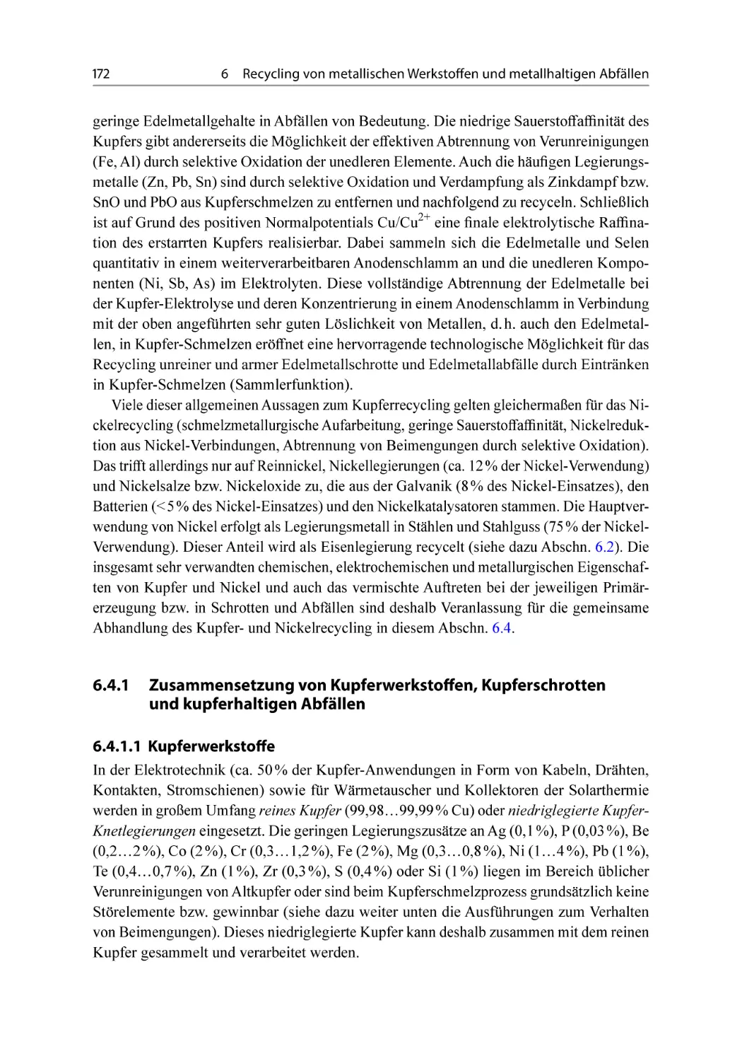 6.4.1 Zusammensetzung von Kupferwerkstoffen, Kupferschrotten und kupferhaltigen Abfällen