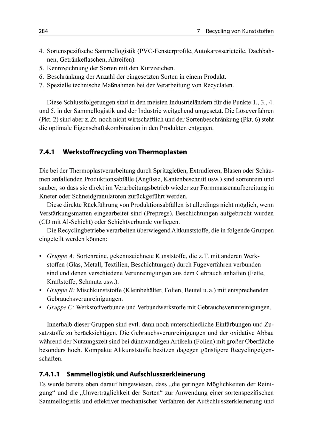 7.4.1 Werkstoffrecycling von Thermoplasten