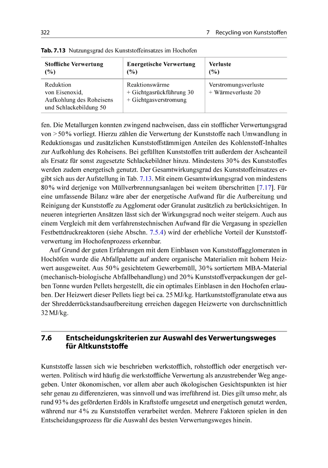 7.6 Entscheidungskriterien zur Auswahl des Verwertungsweges für Altkunststoffe