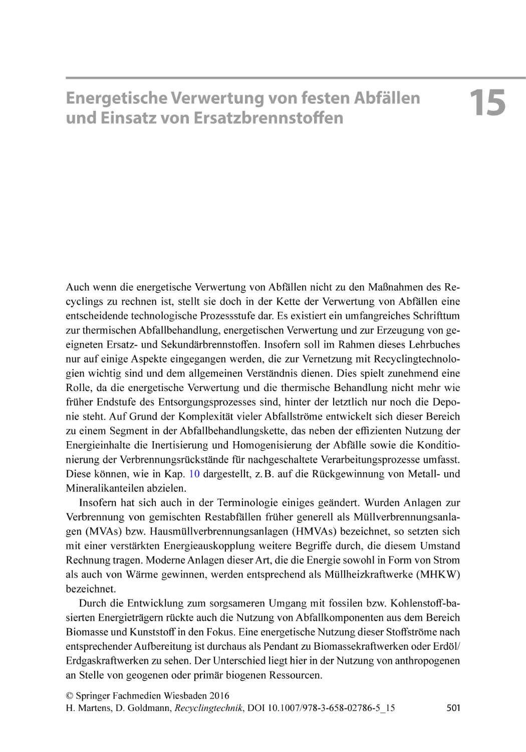 15 Energetische Verwertung von festen Abfällen und Einsatz von Ersatzbrennstoffen