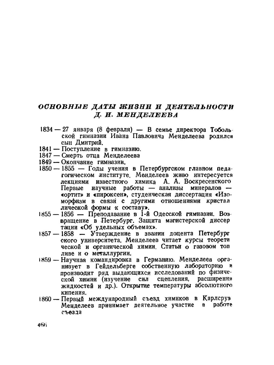 Основные даты жизни и деятельности Д. И. Менделеева