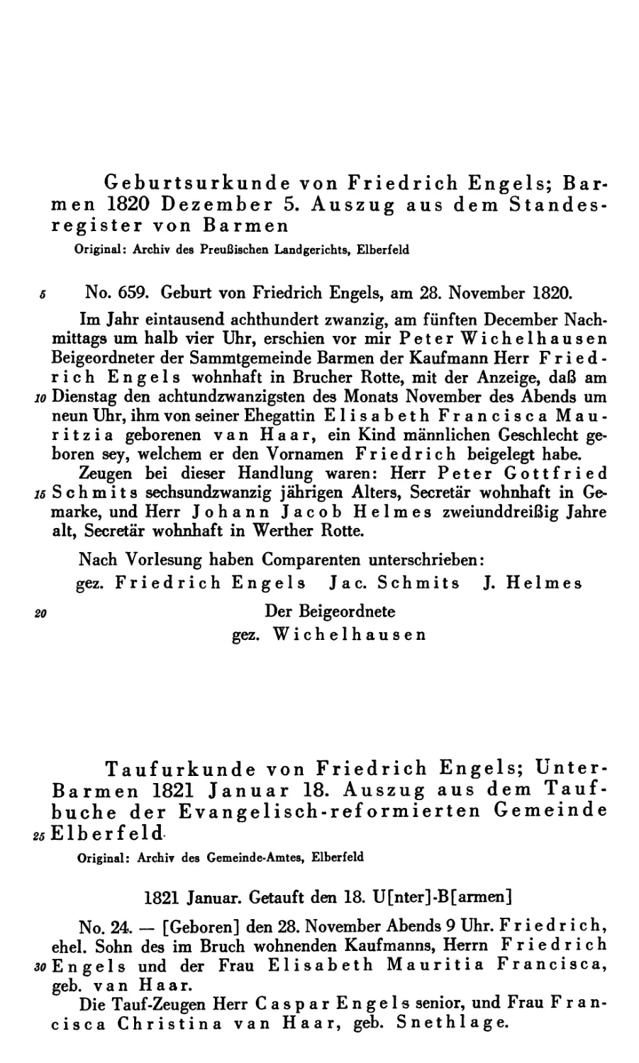 2. Taufurkunde von Friedrich Engels; Unter-Barmen 1821 Januar 18
