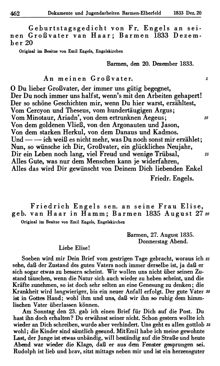 3. Geburtstagsgedicht von Engels an seinen Großvater van Haar; Barmen 1833 Dezember 20
4. Friedrich Engels sen. an seine Frau Elise, geb. van Haar in Hamm; Barmen 1835 August 27