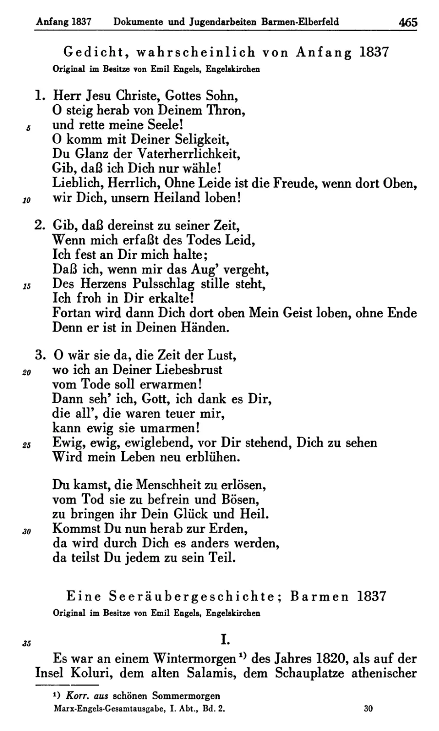 6. Gedicht wahrscheinlich von Anfang 1837
7. Eine Seeräubergeschichte