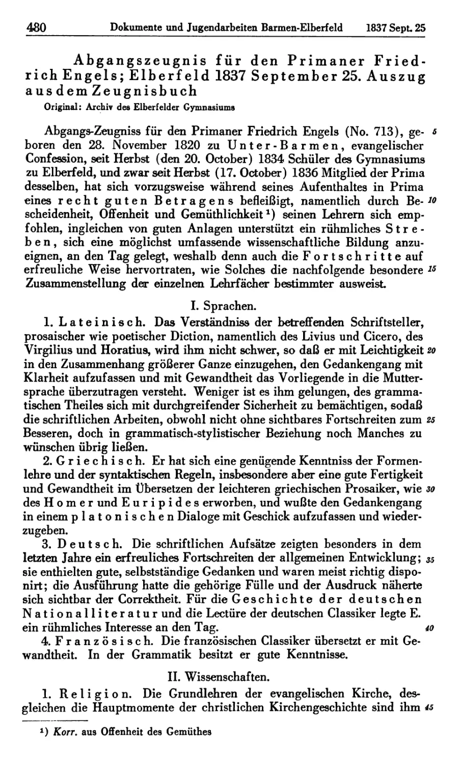 10. Abgangszeugnis für den Primaner Friedrich Engels; Elberfeld 1837 September 25