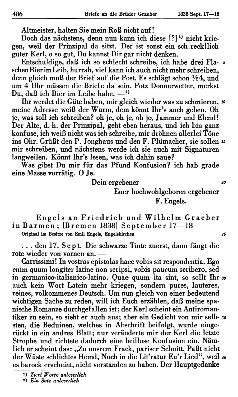 Engels an Friedrich und Wilhelm Graeber in Barmen; [Bremen 1838] September 17—18