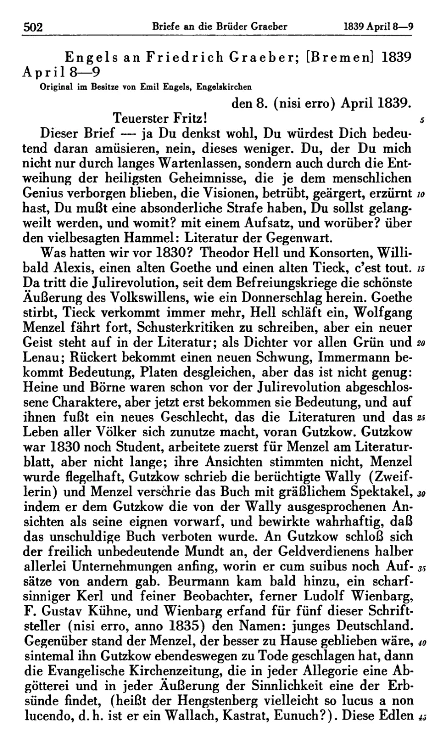 Engels an Friedrich Graeber; [Bremen] 1839 April 8—9