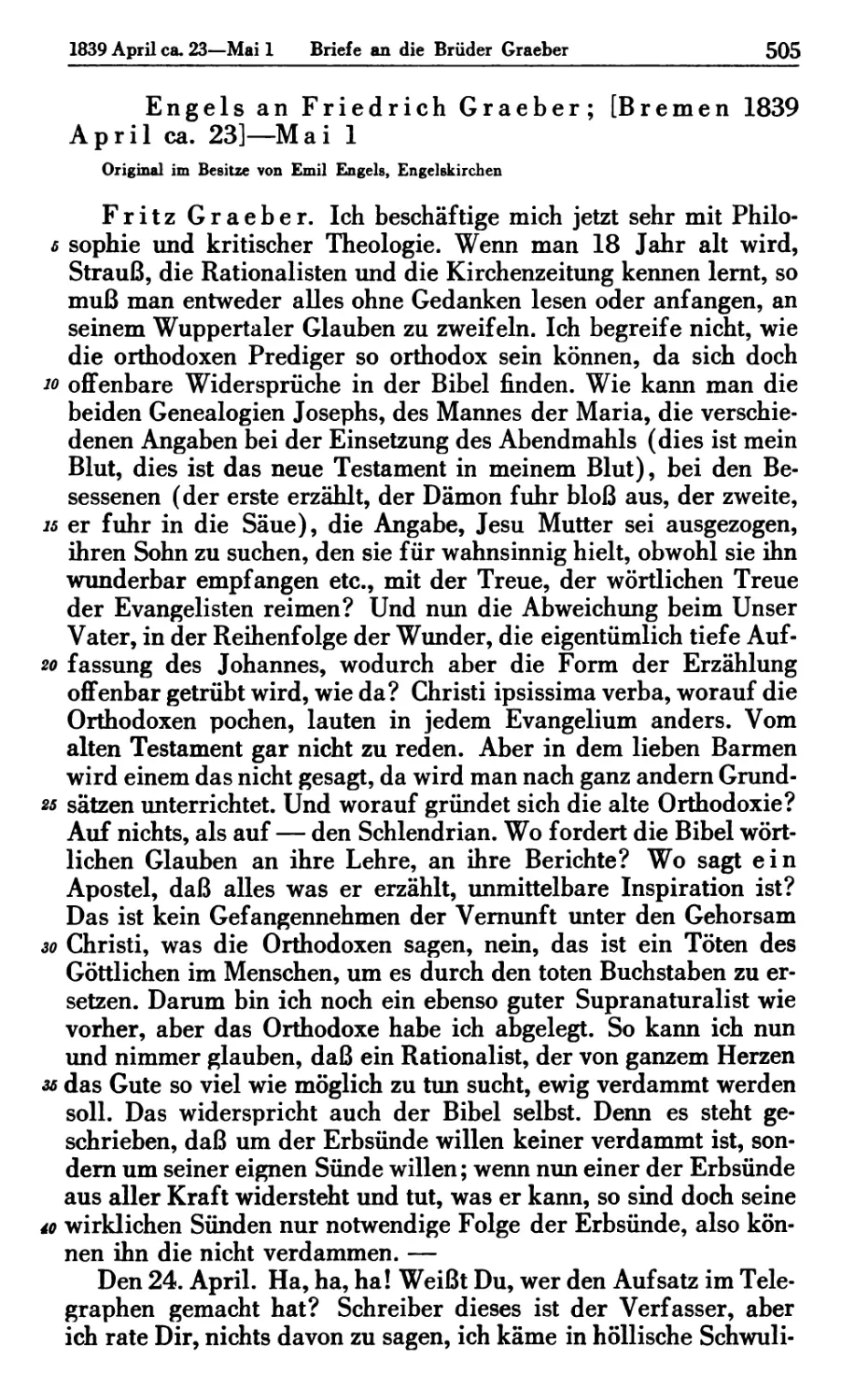 Engels an Friedrich Graeber; [Bremen 1839 April ca. 23]—Mai 1