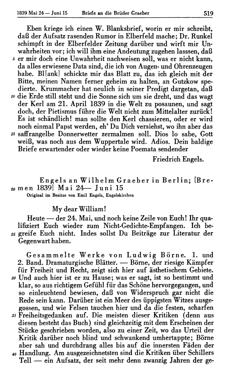 Engels an Wilhelm Graeber in Berlin; [Bremen 1839] Mai 24 -Juni 15