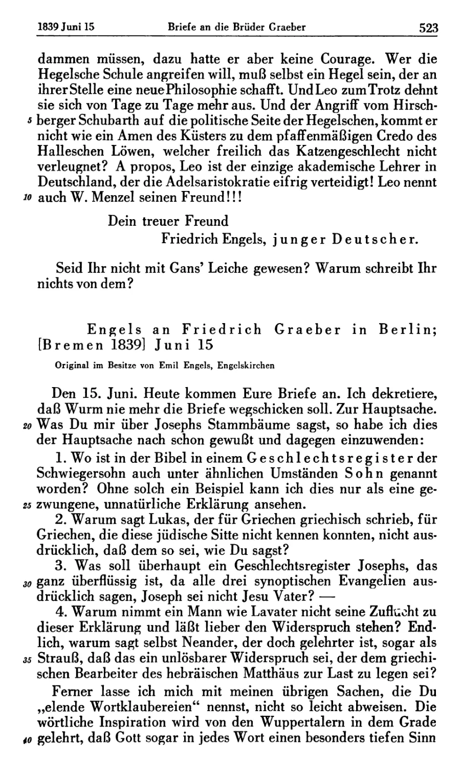 Engels an Friedrich Graeber in Berlin; [Bremen 1839] Juni 15