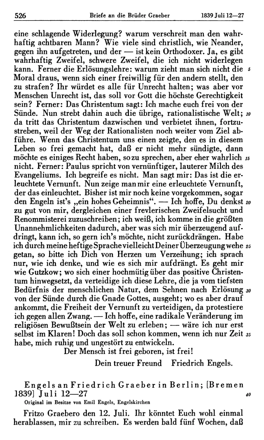 Engels an Friedrich Graeber in Berlin; [Bremen 1839] Juli 12—27