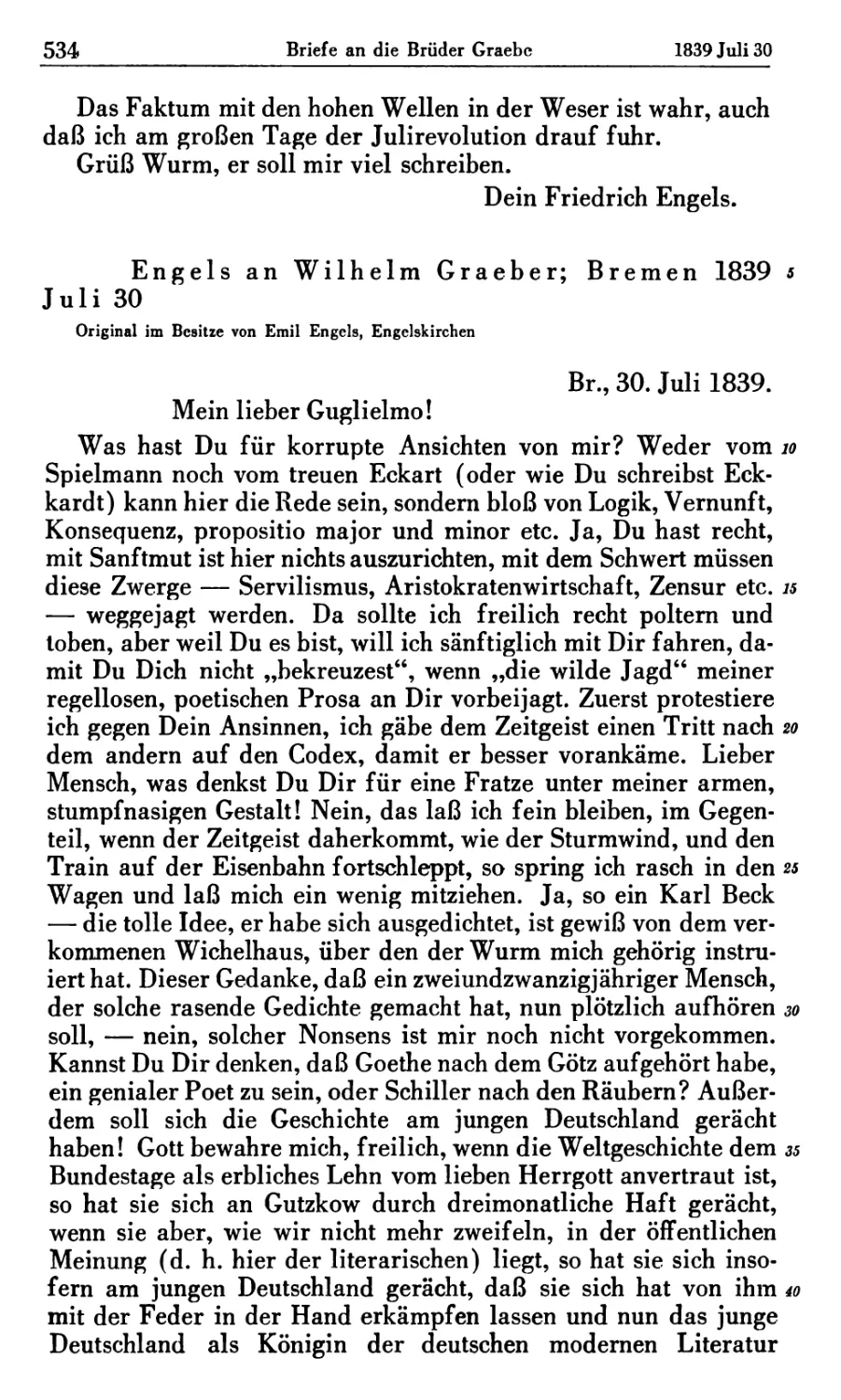 Engels an Wilhelm Graeber; Bremen 1839 Juli 30