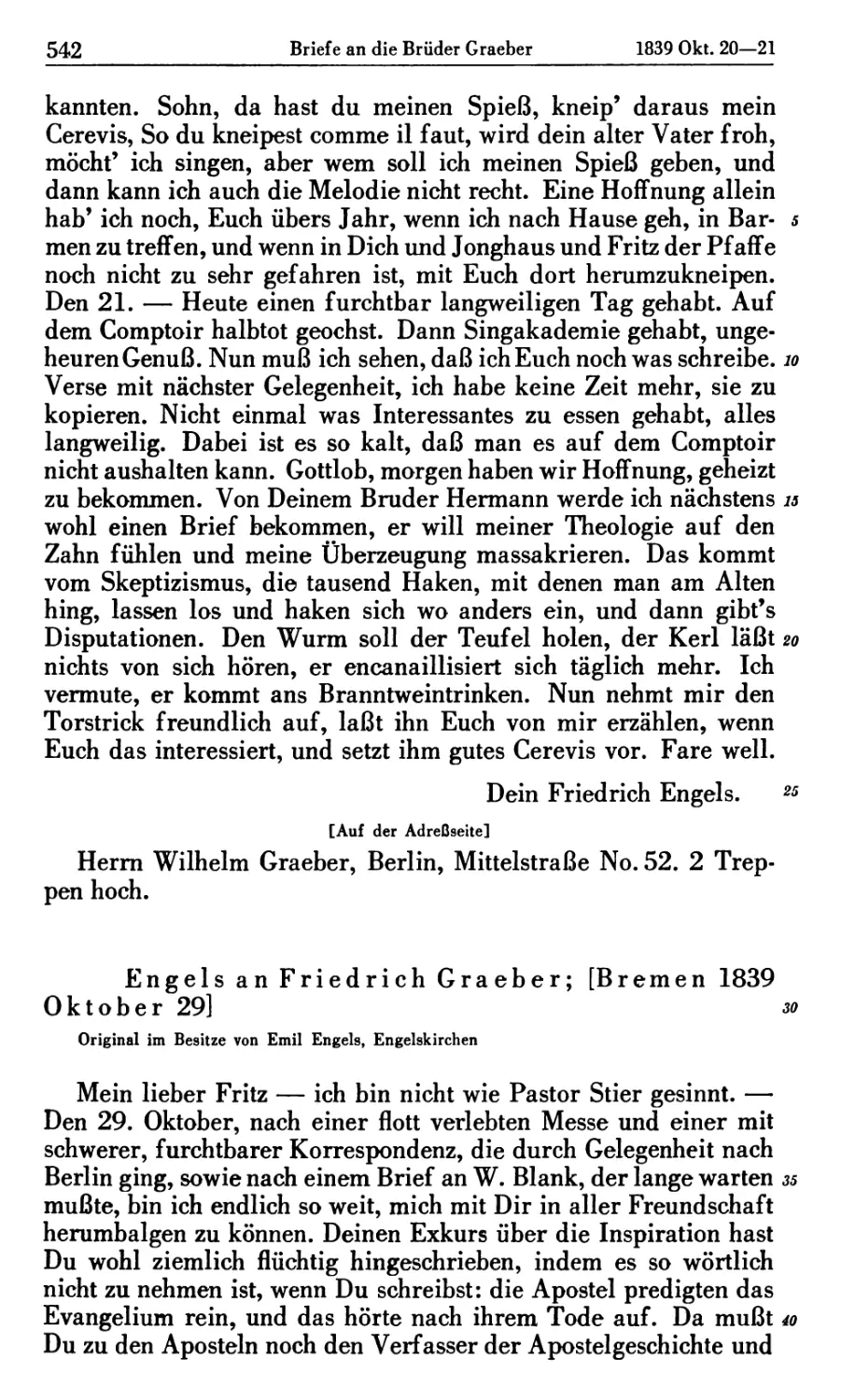 Engels an Friedrich Graeber; [Bremen 1839 Oktober 29]