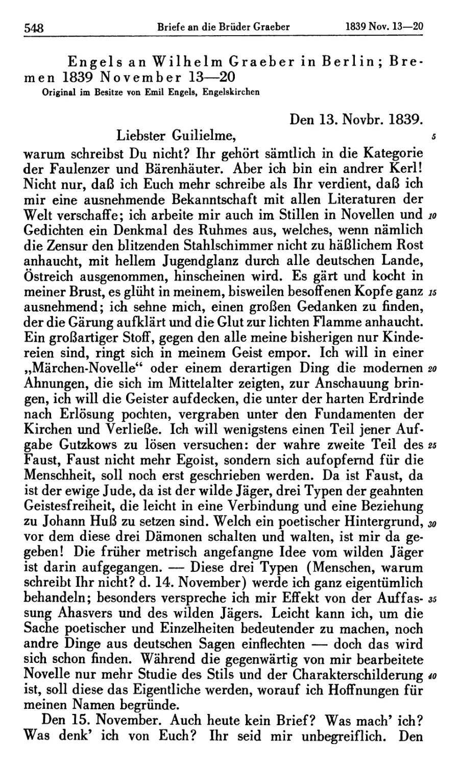 Engels an Wilhelm Graeber in Berlin; Bremen 1839 November 13—20